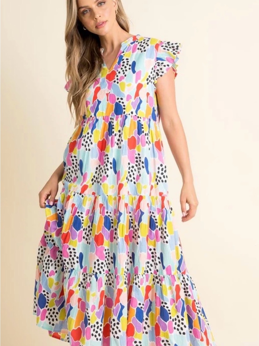 THML White Multicolor Abstract Maxi Dress with Flutter Sleeves